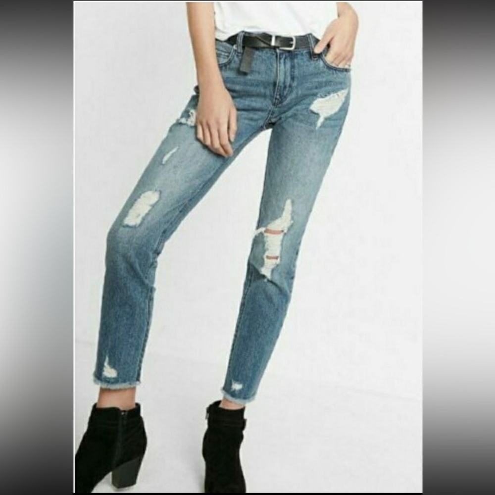 Express Distressed Girlfriend Cropped Denim Jeans 2